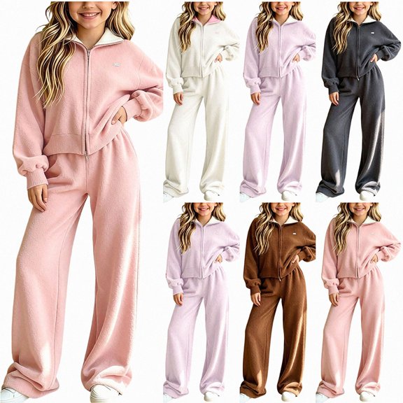 ITSAME Girls Knit Cotton Outfit Zip Up Candigan and Wide Leg Pants 2-Piece Fall Winter Casual Set Size 13