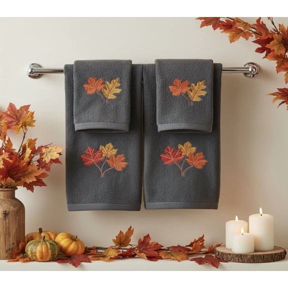 Serafina Home Thanksgiving Harvest Guest Hand & Fingertip Bathroom Bundle 4 Pc Set - Plush Grey/Gray Cotton Embroidered Colorful Leaves- 16 x 25, 12 x 18 Autumn Bath Home Decor