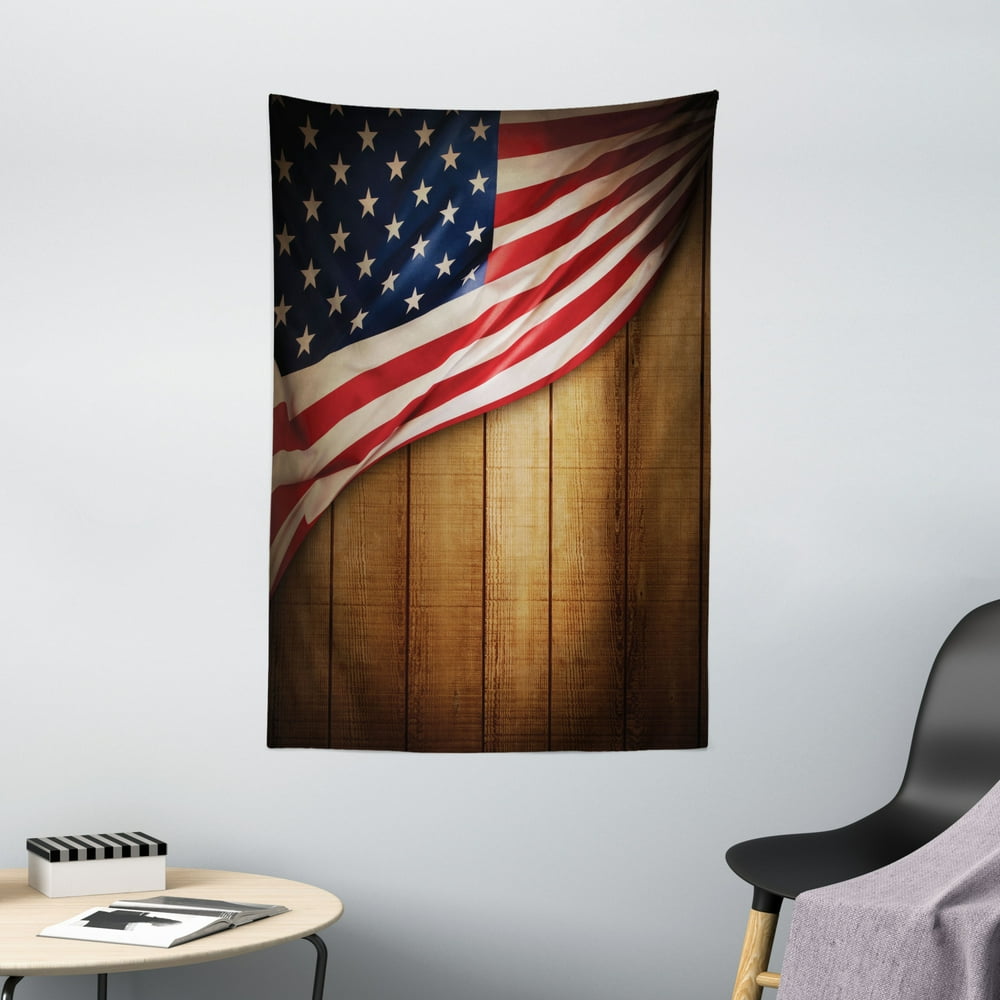 American Flag Tapestry, United States Design on a Vertical Retro Wooden