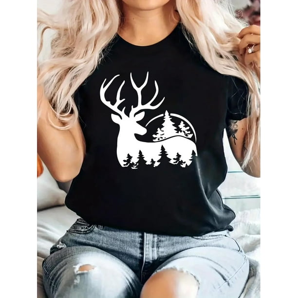 Women's Casual Elk Graphic Tee - Comfy Crew Neck Short Sleeve T-Shirt, Perfect for Summer & Holidays