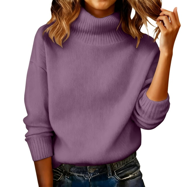 Comdrip Chandails Confortables pour Femmes Chandails Surdimensionnés Confortables en Tricot Col Rond Automne Chandail Tendance Tenues d'Automne Chandail Col Roulé Femmes, Violet P