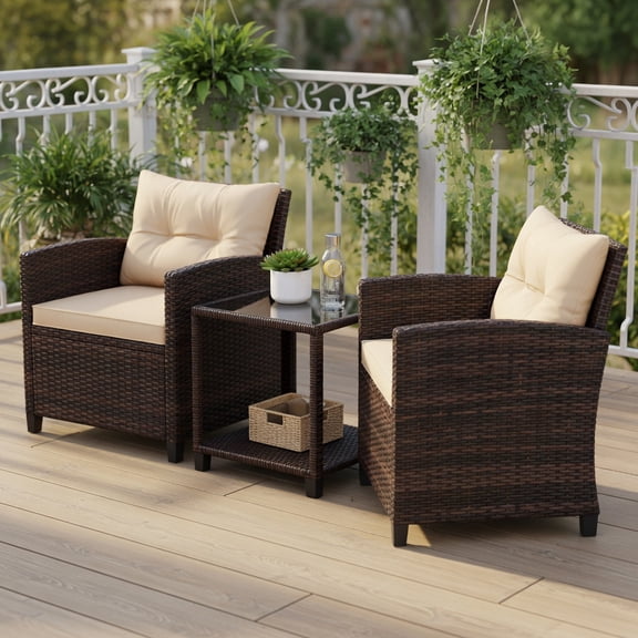 Yardi Yard 3 Piece Patio Sofa Set, Wicker Chairs and Coffee Table with Storage, Patio Furniture Set for Outdoor as Yard, Beige