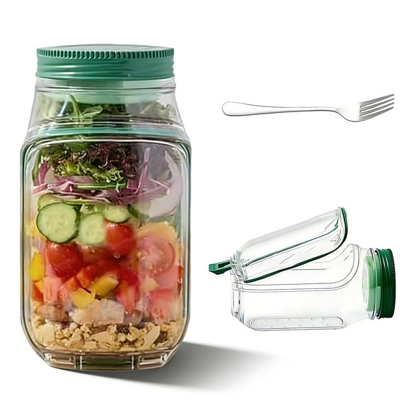 Original Salad Pod Side-Open Salad Jar with Lid & 304 Stainless Steel Fork – Portable Layered Salad Jar
