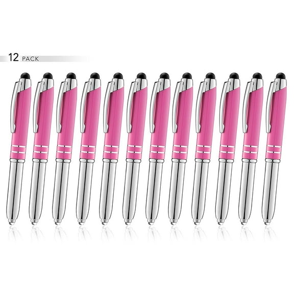 SyPen Stylus Pen for Touchscreen Devices, Tablets, iPads, iPhones, Multi-Function Capacitive Pen with LED Flashlight, Ballpoint Ink Pen, 3-in-1 Metal Pen, 12PK, Pink