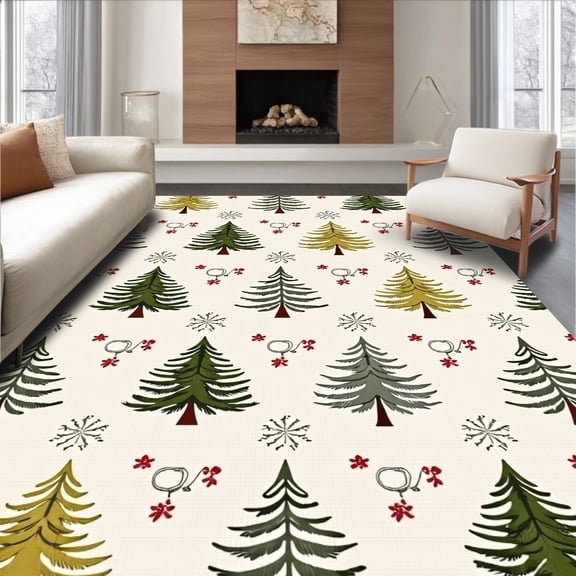 ODIKA 4'x6' Machine Washable Non-Slip Area Rug, Festive Evergreen Snowscape Winter Holiday Decorative Floor Covering High Traffic Rug, Ivory, 605587