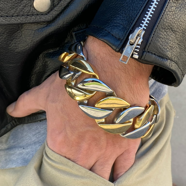 Big Men s Huge Bracelet 316L Stainless Steel Cuban Link Two Tone 9.5 Inch x 30MM Thick Walmart