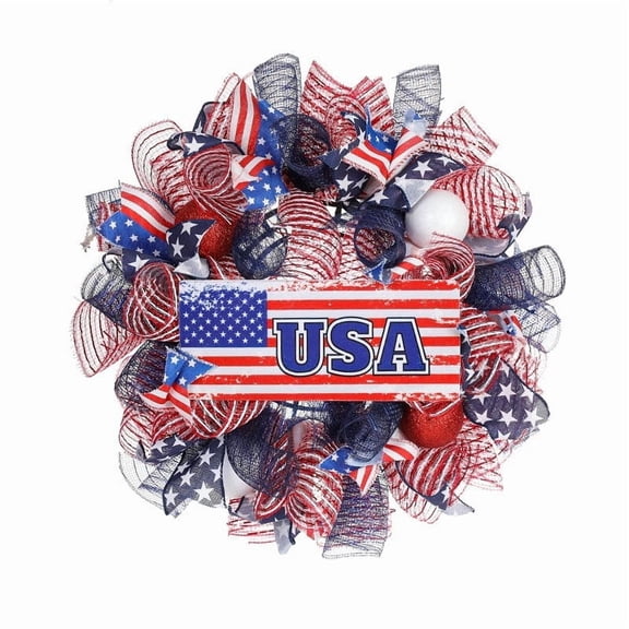 17 Inch Patriotic Wreath for Front Door - Red White Blue Independence Day Wreath Decorations, Memorial Day & 4th of July Outdoor Summer Wreath for Farmhouse Home