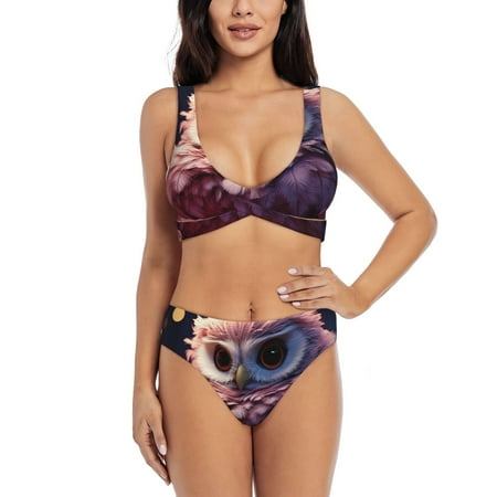 Zeuib Cute Flower Owl High Waisted Tummy Control Bikini Set - Knot Front Push Up Top & Cheeky Thong Bottom  Two-Piece Swimsuit for Women-Small