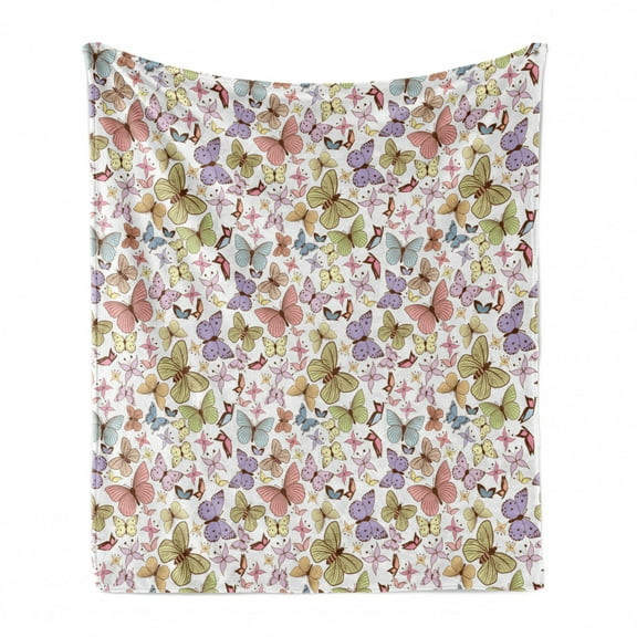 Butterfly Soft Flannel Fleece Throw Blanket, Different Types of Butterflies in Doodle Style Colorful Spring Thrill Print, Cozy Plush for Indoor and Outdoor Use, 50" x 70", Multicolor, by Ambesonne