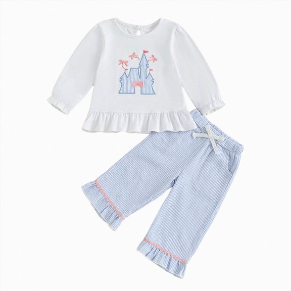 TOWED22 Toddler Baby Girl Outfits Ruffle Long Sleeve Striped Trim Tops   Flare Pants Set Toddler 2Pcs Fall Winter Clothes,White,18-24 M