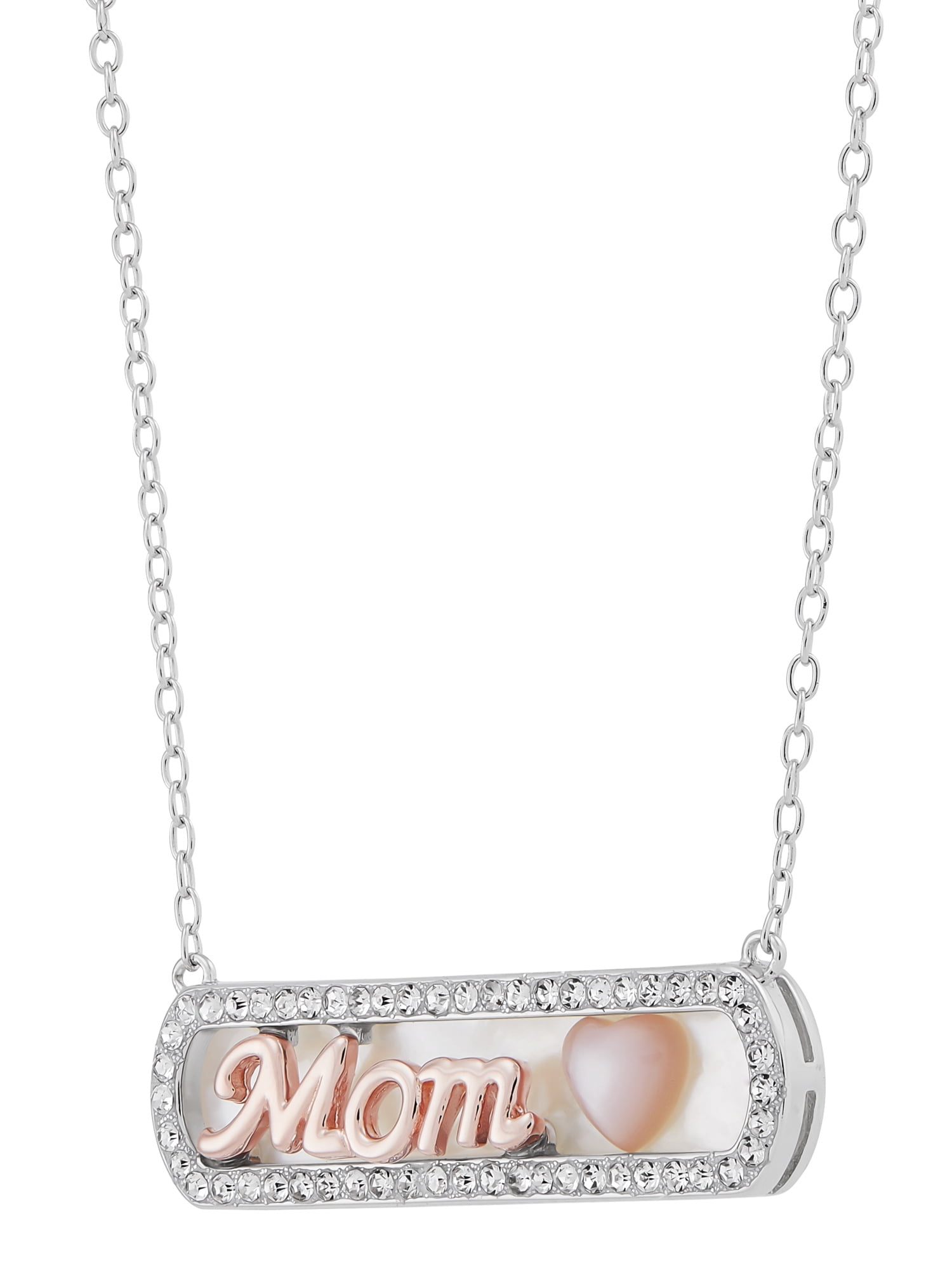 Brilliance Fine Jewelry Mother of Pearl Bar,Crystal,Heart,Mom Necklace in Sterling Silver and 14KT Rose Plate,18"