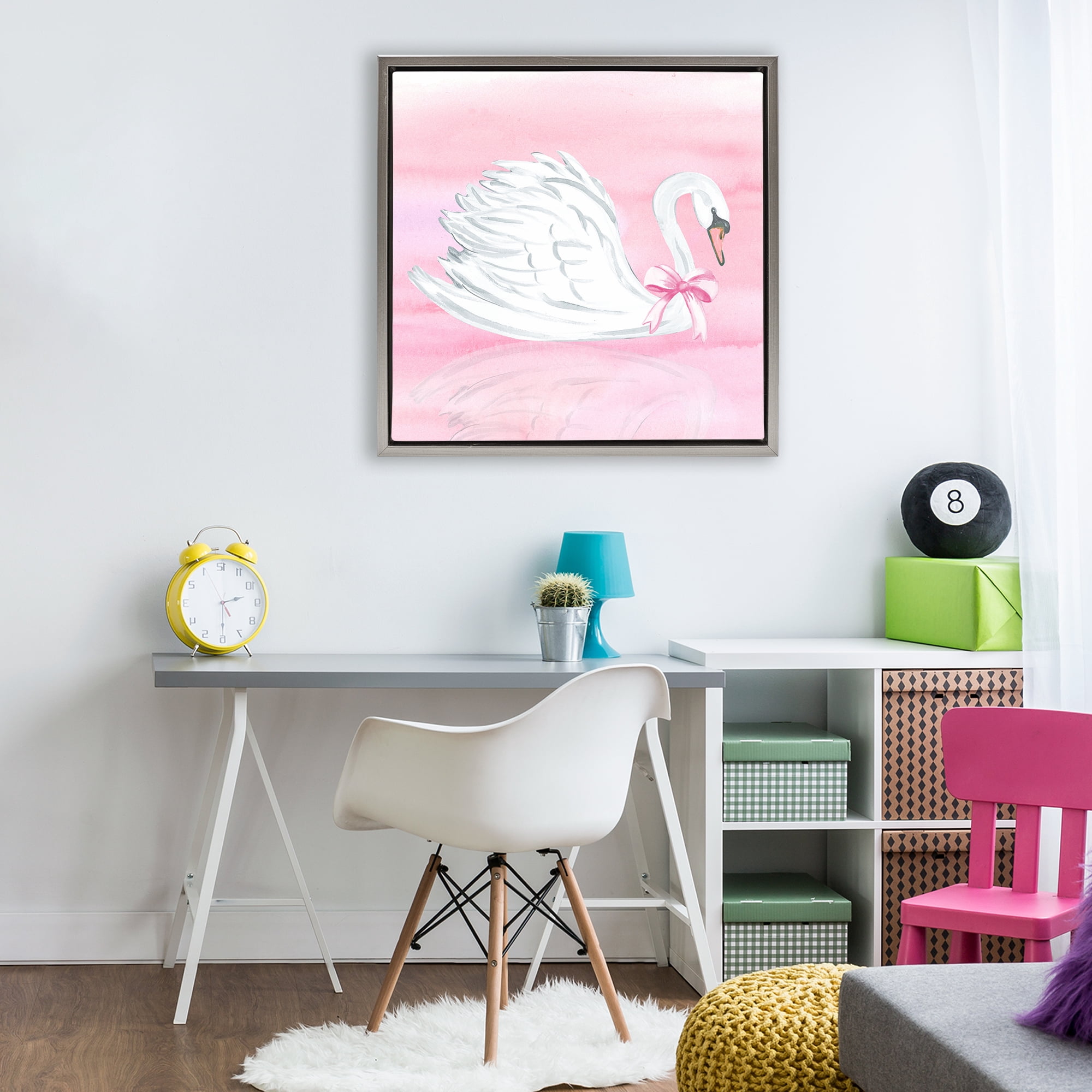 Stupell Industries Pink Bow Swan Gray Framed Floater Canvas Wall Art, design by Corinne Haig