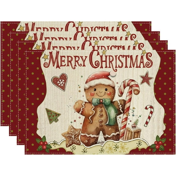 Gingerbread Man Red Merry Christmas Winter Xmas Cloth Placemats Set of 4 Table Mats Table Decorations 12x18 Inch