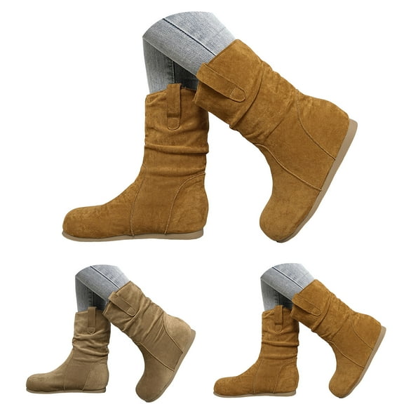 Dakaela Women's Slouchy Mid Calf Boots No Heel Round Toe Slip on Flats Ankle Booties Pull on Winter Dress Riding Shoes Brown 6.5