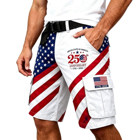 CAIVO 250th Anniversary Men's Patriotic Shorts Casual Independence Day Knee Length Fashion American Flag Print Plus Size Comfortable Cargo Summer Everyday Travel Bottoms With Pockets