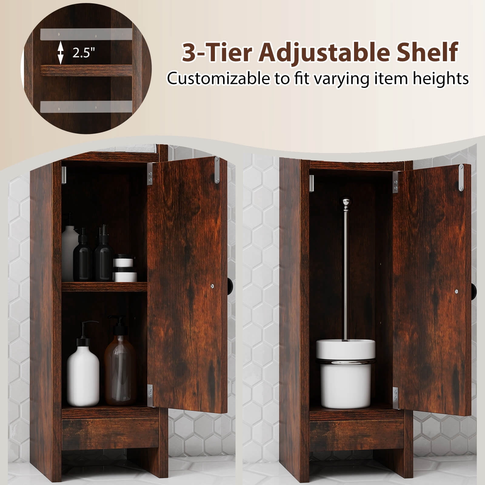 Costway Bathroom Storage Cabinet with Adjustable Shelf 1 Door & 2 Open Shelves Living Room Brown