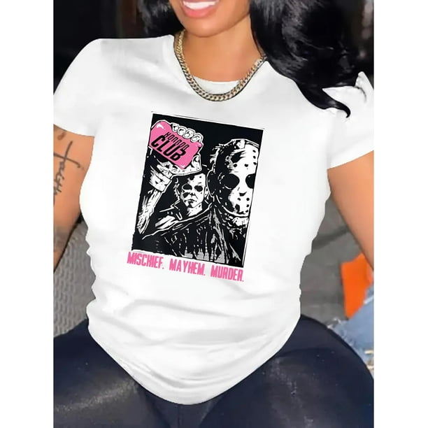 Edgy Essential, Women's Fashionable Casual T-Shirt with Horror Portrait Print, Round Neck, Short Sleeve, Comfortable Summer Top, Polyester and Spandex Blend, Machine Washable