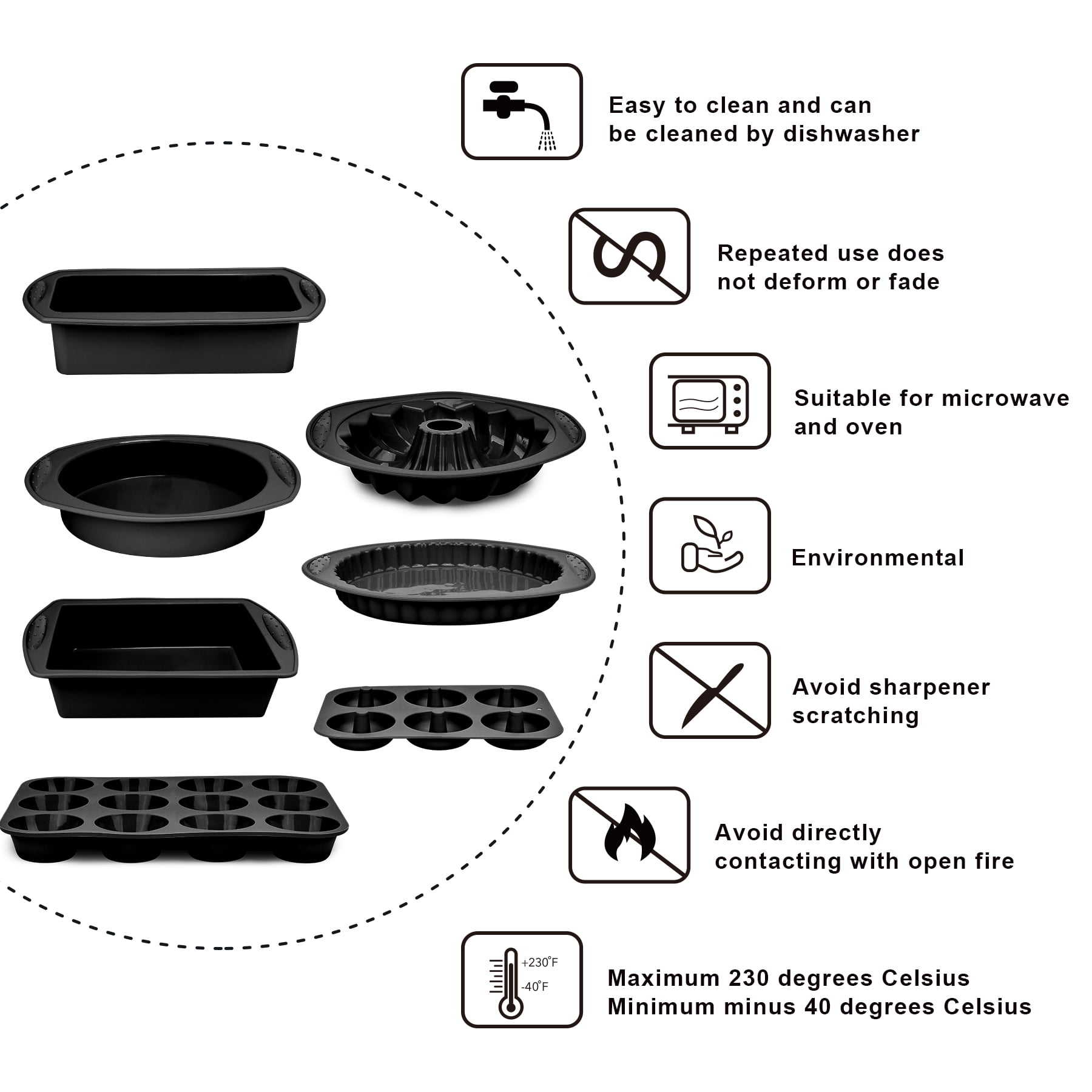 9in1 Nonstick Silicone Baking Fluted Cake Pan Cookie Sheet Molds Tray Heat Resistant Bakeware Tools Kit for Muffin Loaf Bread Pizza CupcakeUtensil（Black）