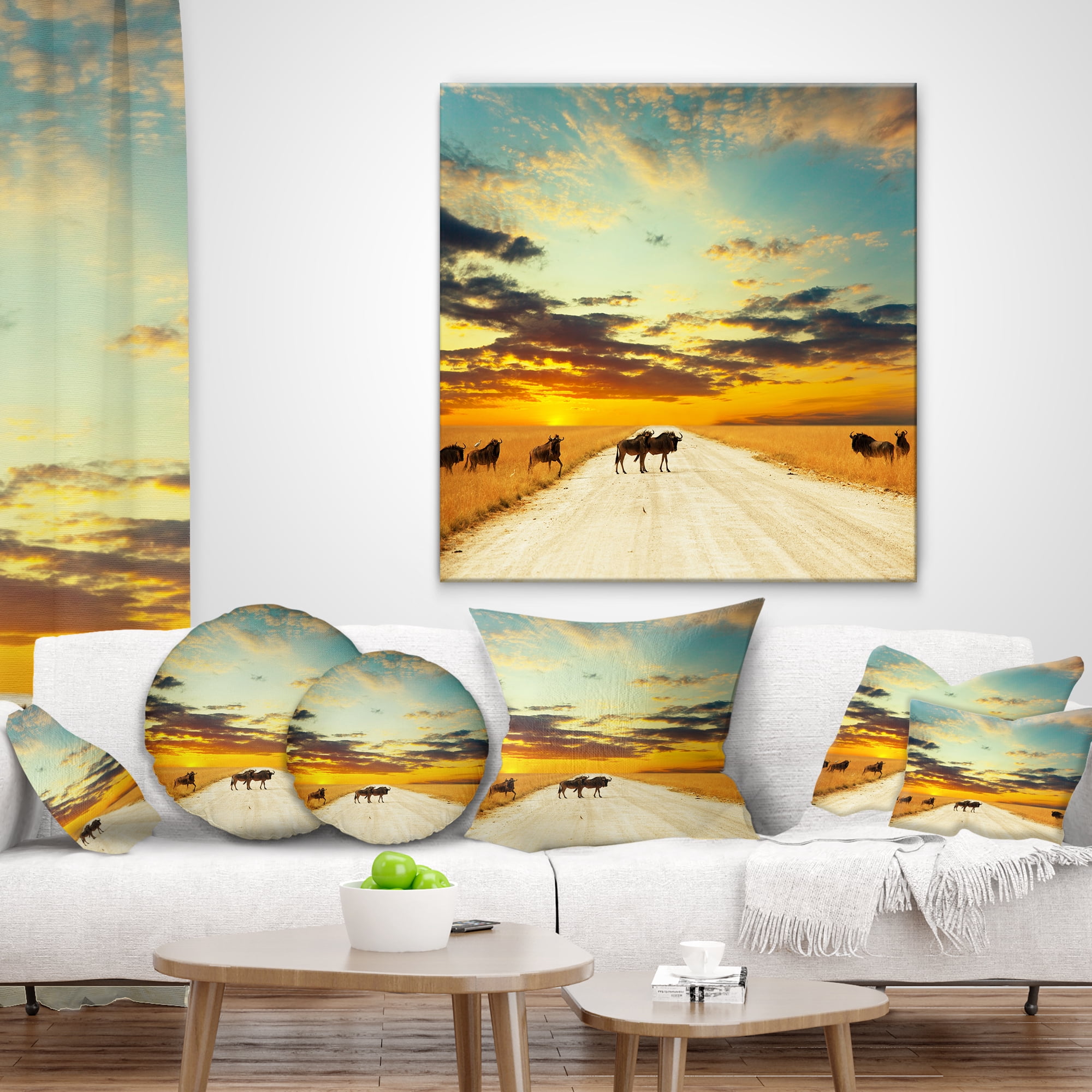 Designart Wildebeests Crossing Path in Evening - African Landscape Printed Throw Pillow - 16x16
