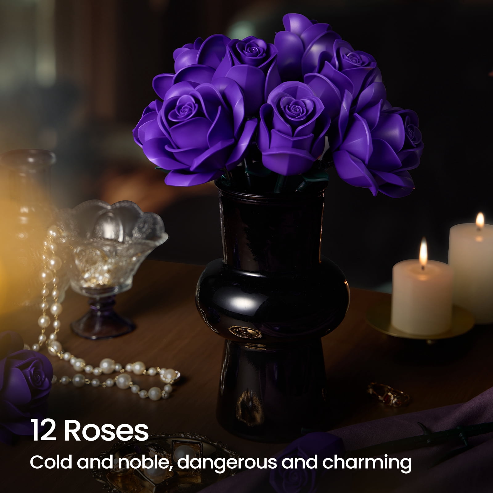Purple Rose Bouquet Building Set, Purple Flowers for Adults Women, Botanical Collection Gift for Halloween & Valentines - Artificial Plant Gothic Home Decor