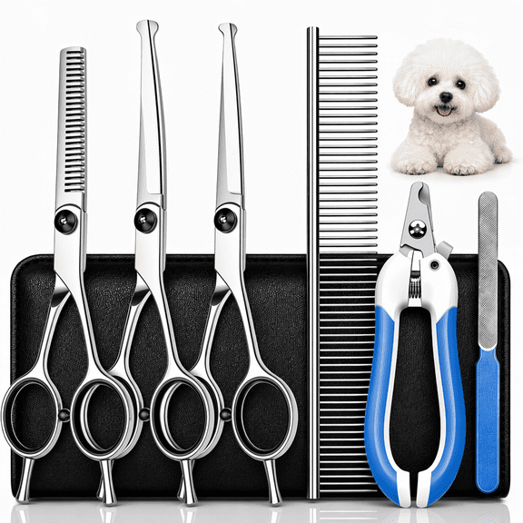 7-in-1 Dog Grooming Scissors Kit, Professional Stainless Steel Shears with Nail Clipper and File for Dogs and Cats