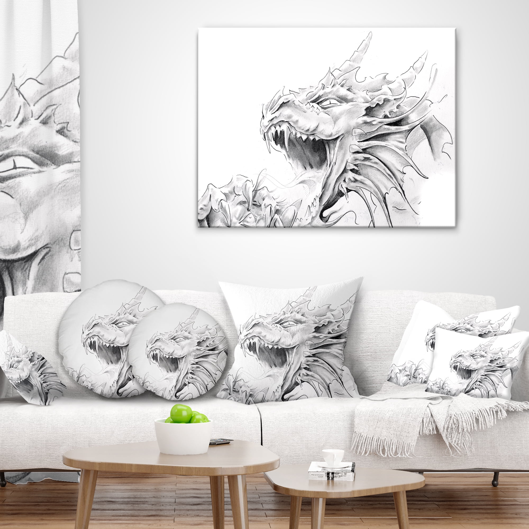 Designart Dragon Tattoo Sketch - Abstract Throw Pillow - 12x20