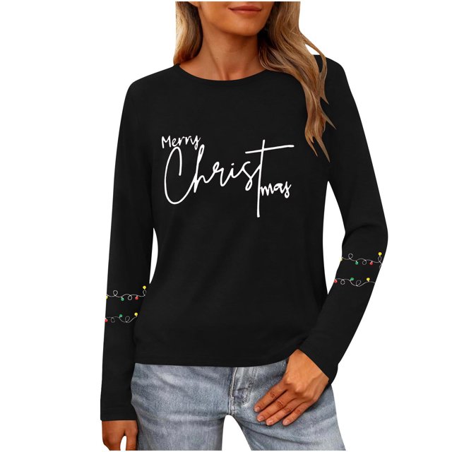 Birdeem T-Shirt à Manches Longues à Col Rond Imprimé « Merry Noël » pour Femmes, Haut de Travail
