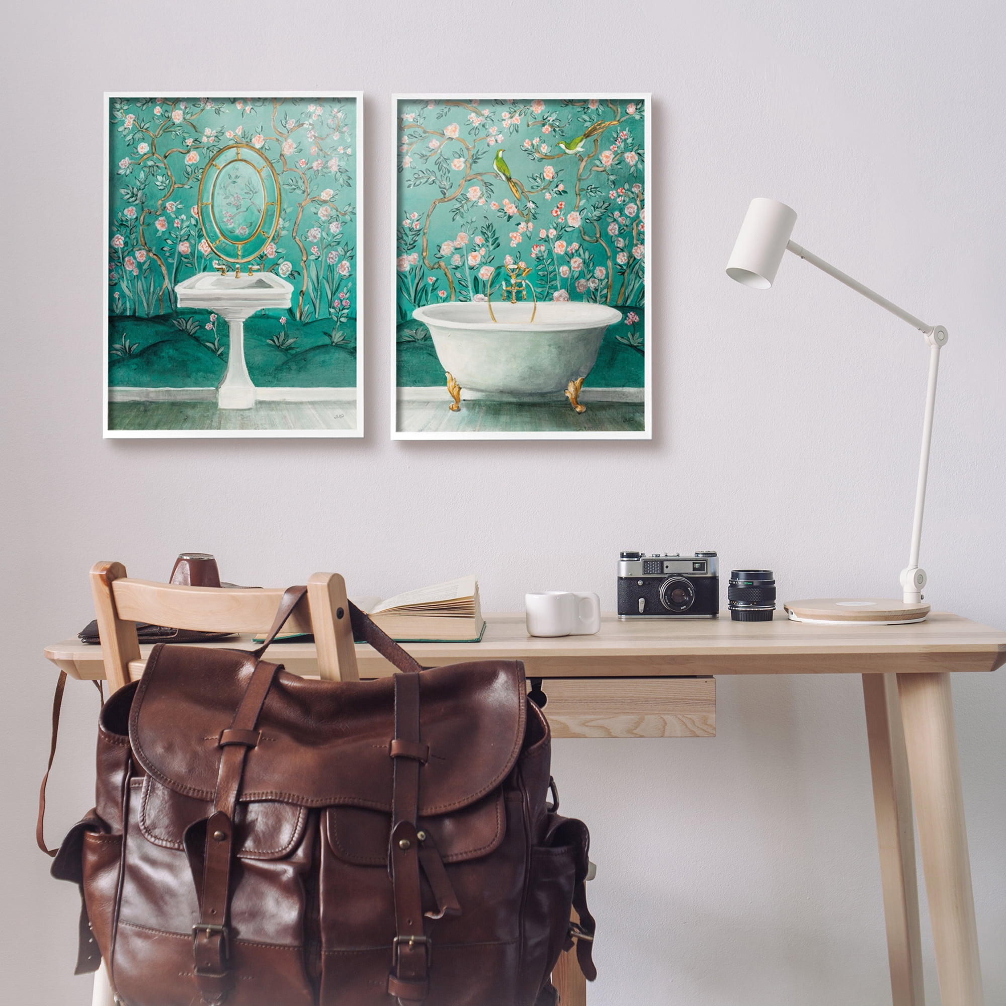 Stupell Industries Floral Patterned Bathroom Botanical & Floral Painting White Framed Art Print Wall Art, 16 x 20, Set of 2