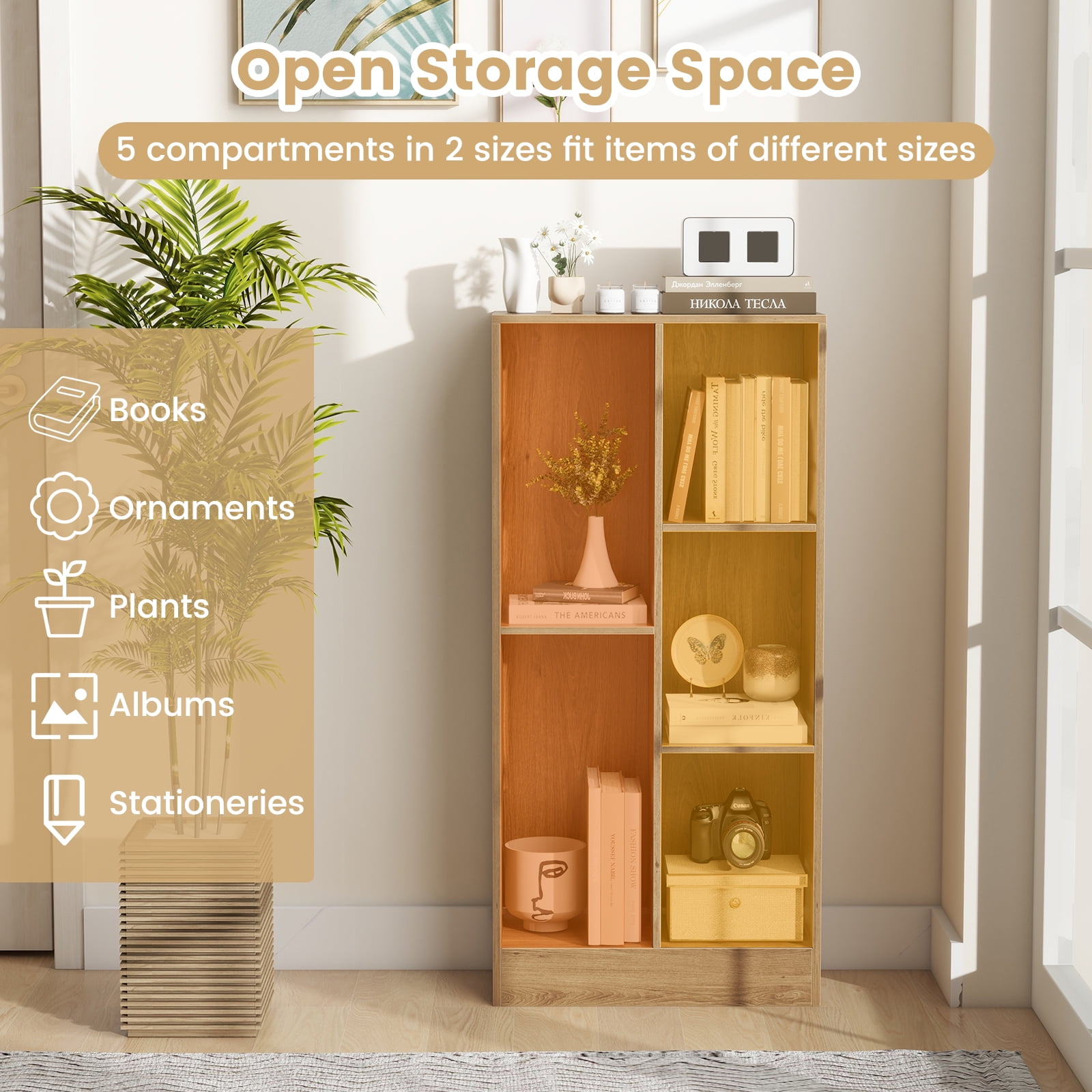Giantex 5-Cube Bookcase, Freestanding Bookshelf w/ 2 Anti-toppling Kits, Modern Storage Unit, Display Shelving, Natural