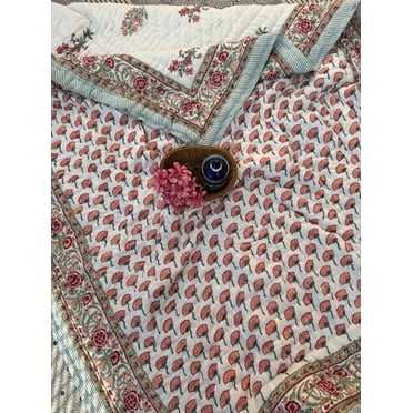Floral Print Kantha Quilt Throw, Indian Reversible Cotton Bedding, Cotton Bedspread ,Jaipuri Block Print Rajai, Home Decor Housewarming Gift