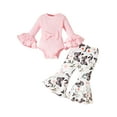 thumbnail image 1 of xiaxaixu Baby Girl Fall Outfits Solid Color Rib Knit Flare Long Sleeve Rompers Butterfly/Flower Print Flare Pants 2Pcs Clothes Set, 1 of 9