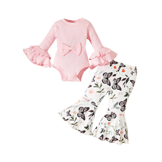 xiaxaixu Baby Girl Fall Outfits Solid Color Rib Knit Flare Long Sleeve Rompers Butterfly/Flower Print Flare Pants 2Pcs Clothes Set