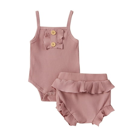 

Newborn Infant Baby Girl Sleeveless Solid Romper Bodysuit+Ruffles Shorts Outfits