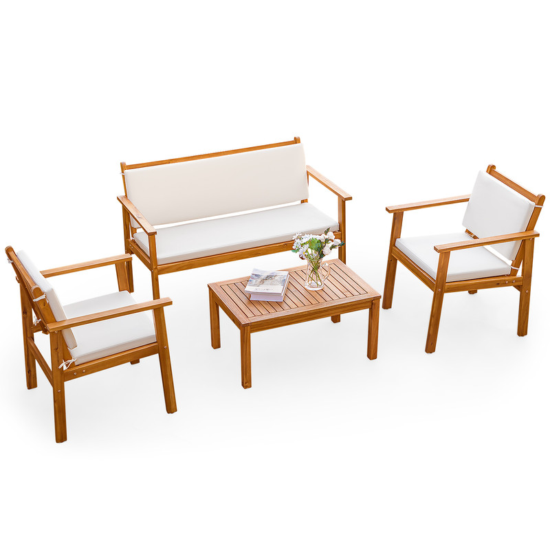 Devoko 4pcs Patio Wood Furniture Sets with Cushion and Table, Outdoor Acacia Conversation Chair and Table Sets, Beige - image 2 of 7