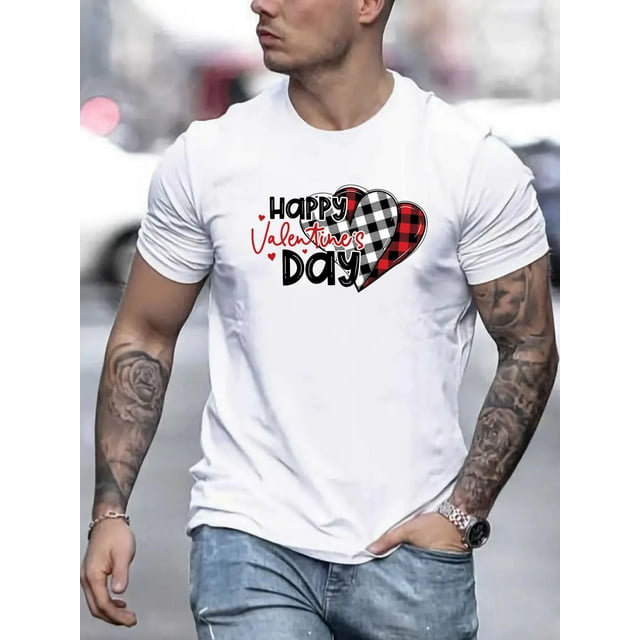 Camiseta De Los Hombres Cuello Redondo Ropa De Verano Tops De Verano Para La Calle Vacaciones ViajesValentine'S Day Plaid Heart Print Men'S T-Shirt, 100% Cotton Casual Crew Neck Tee, Regular Fit Kni