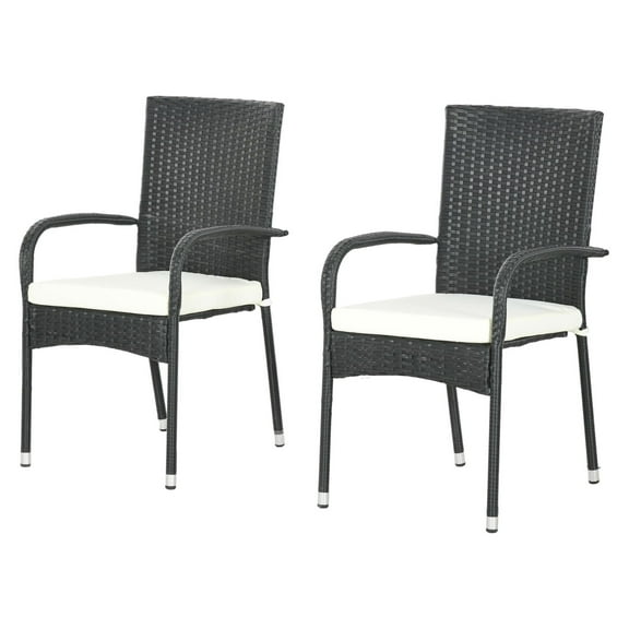 Rattan Outdoor Dining Chairs with Cushions, Stackable Patio Furniture Set of 2, Cream White, Weather Resistant PE Wicker Garden Chairs