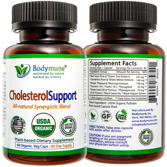 Bodymune CholesterolSupport | USDA Organic Supplement w/Extracts of Red Yeast Rice, Green Tea, Dandelion, Moringa | Supports Heart Health* | 60-Day Supply | Vegan, Non-GMO, Gluten-Free, Made in USA