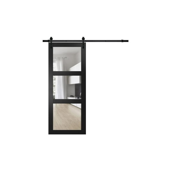 Lucia 2555 Matte Black, Barn Door with Clear Glass, 6.6FT Rail Kit - 32" x 84"
