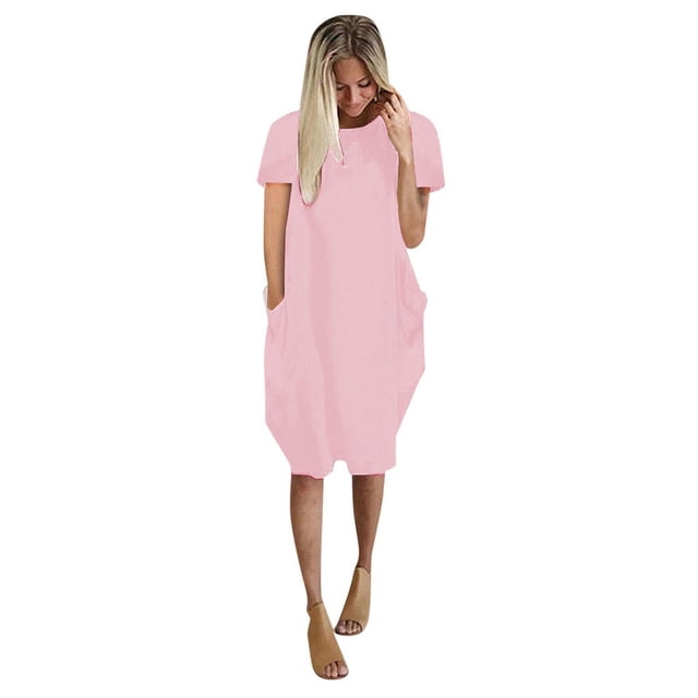 FVWITLYH Robe Formelle Femme Élégante Mode Femme Couleur Unie Coton et Lin Manches Longues Col Rond Robe Décontractée Rose,XXXXXL
