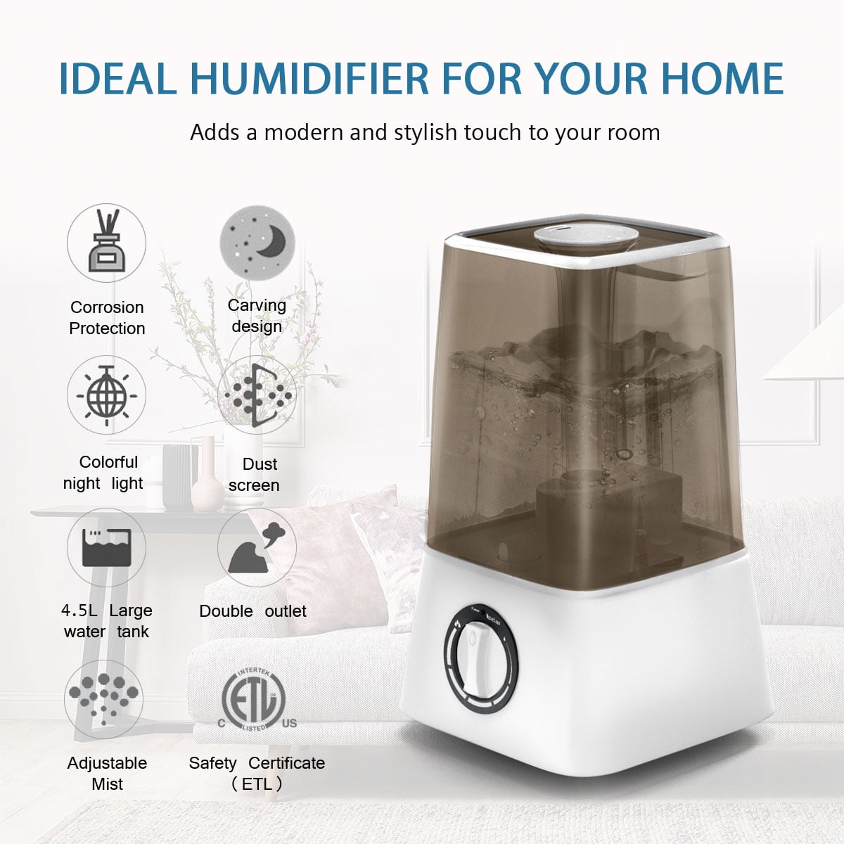 HODIAX Humidifier 4.5L Grey Personal Vaporizer, Portable Humidifiers for Bedroom, Apartment, Dorm, Office, Home, Nursery - Adjustable Mist, Automatic Water Shortage Protection, 360-Degree Rotation