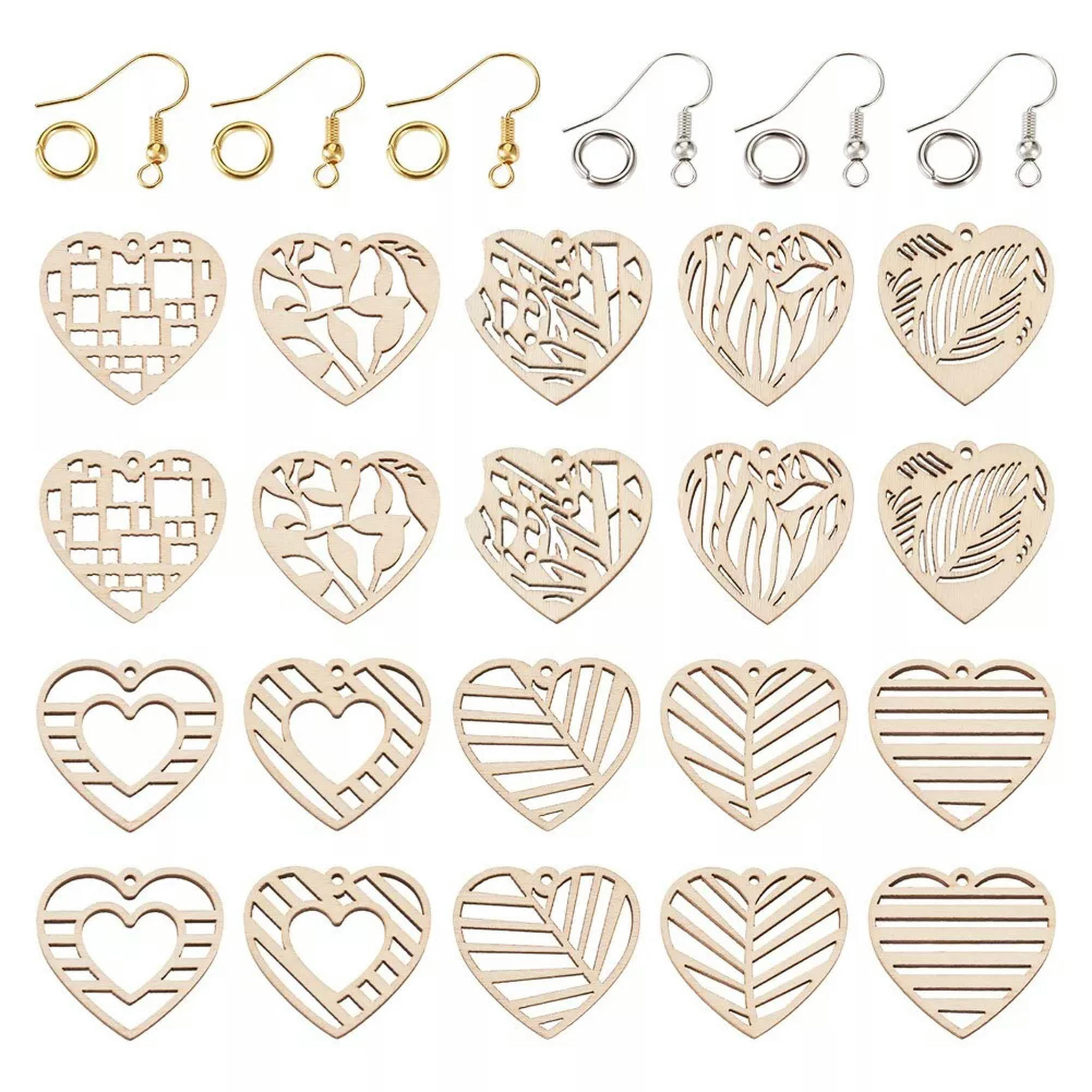 EOEMY 1 Box Undyed Burlywood Natural Wood Hollow Heart Dangle Earrings Diy Making Kit