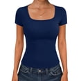 thumbnail image 2 of Womens Square Neck Short Sleeve Shirts Slim Fit Cap Sleeve Tops Summer Basic Low Cut Tee Fashion Navy M, 2 of 5