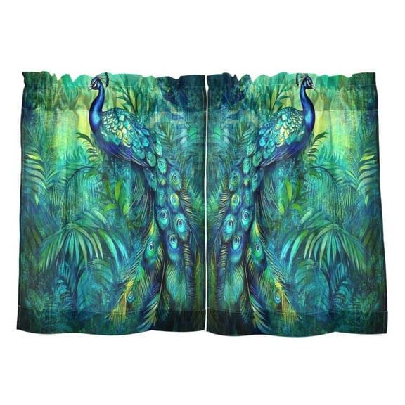Elegant Peacock in Green Kitchen Curtains Tier Set 27x24 Inch 2 Panels Semi Sheer Light Filtering Privacy UV Protection
