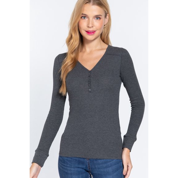 Long Slv V-neck Placket Thermal Top