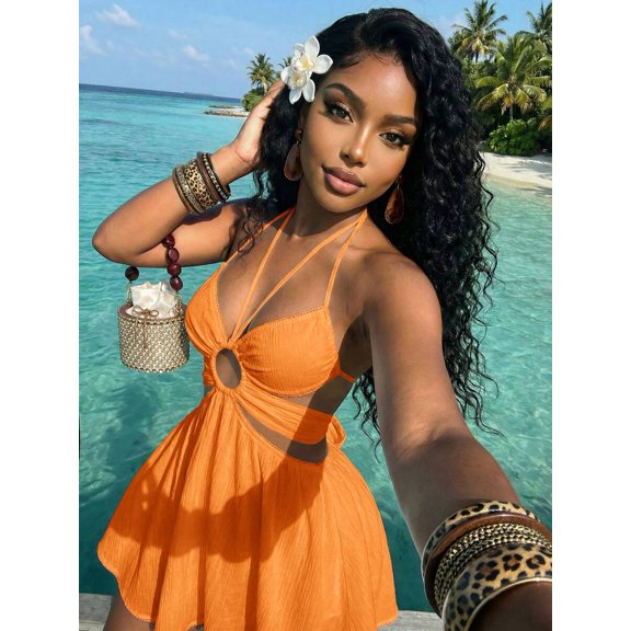 Womens Orange Summer Halter Mini Dress Vacation Beach Casual Skater