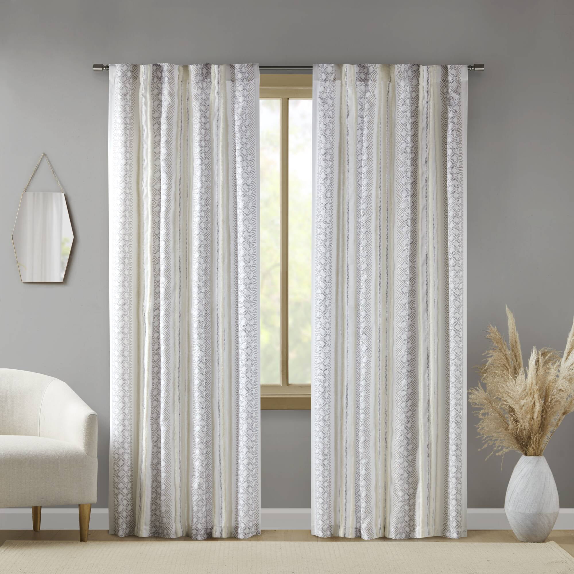 MAYEERTY 50x95" Poly Printed Curtain Panels (2-Pack) - Tufted Stripe, White/Taupe