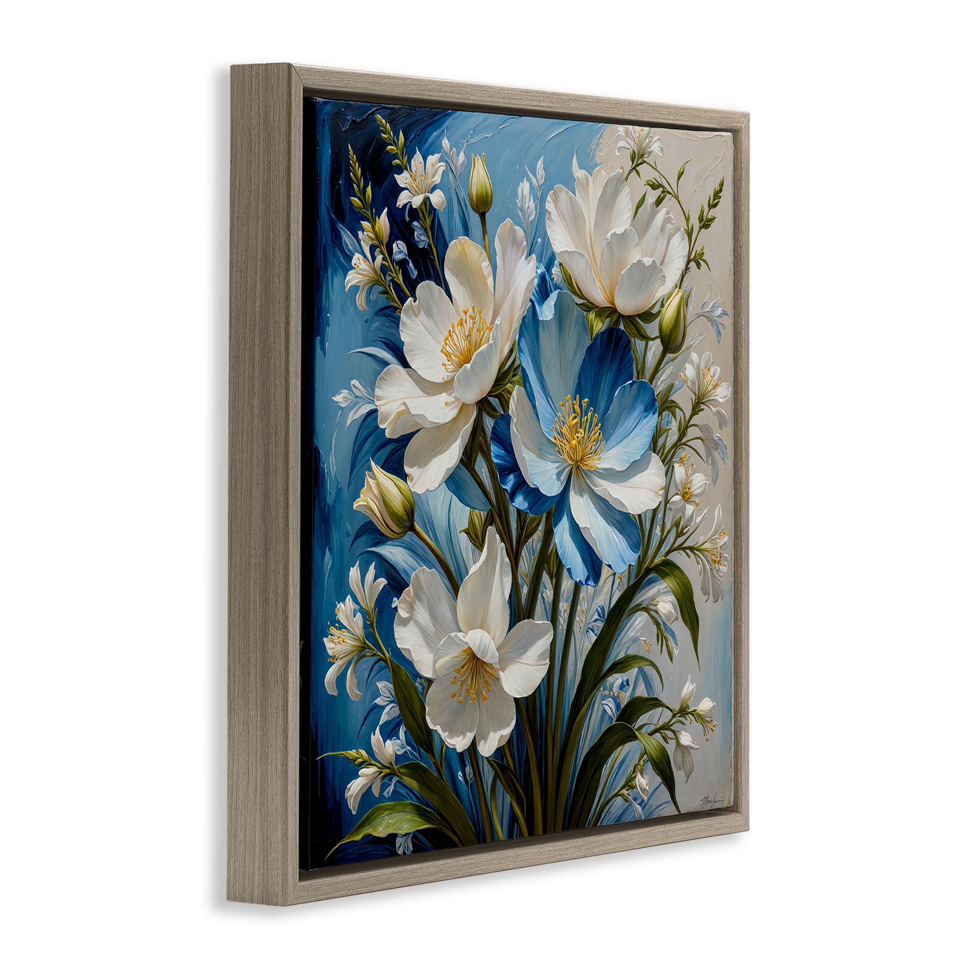 Stupell Industries Curling Floral Petals on Blue Plants & Flowers Painting Brown Floater Framed Canvas Art Print Wall Art, 25 x 25