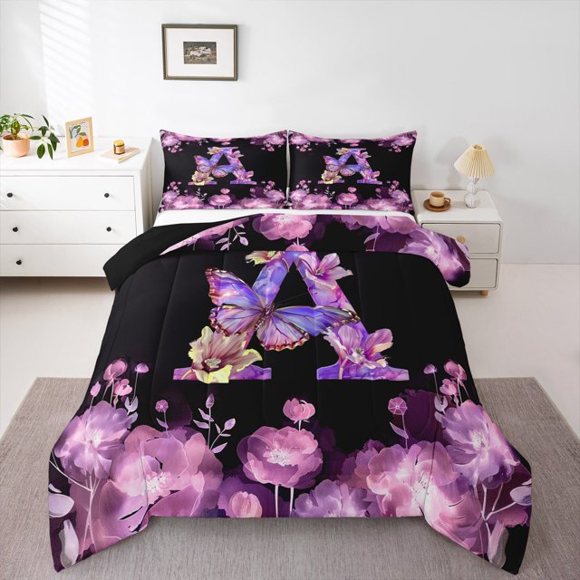 Erosebridal Butterfly Bedding Sets Full with Comforter,Monogrammed A Comforter Sets Full Size,Purple Flower Comforter Sets Full Size,Room Decor Reversible,3pcs