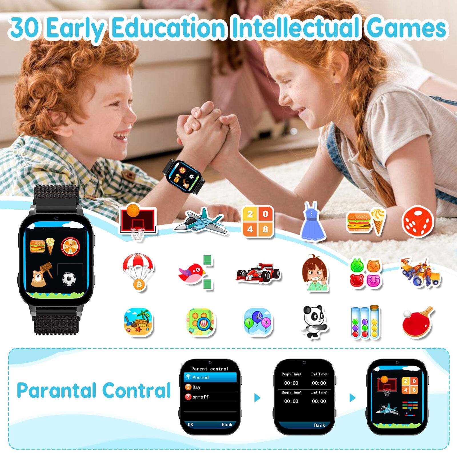 TOPCHANCES Kids Smart Watch for Boys Girls, Touch Screen Smartwatch with 30 Games, 140 Learning Cards, Storytelling, Camera, Video, Music Player, Pedometer (Black)