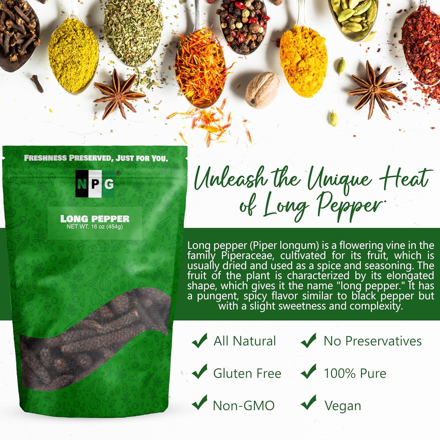 NPG Long Pepper 16 Oz, Whole Long Black Pepper, Piper Longum Black Peppercorns, Pippali Aromatic Spice for Indian, Middle Eastern, and Mediterranean Cuisine, Strong Flavor Enhancer